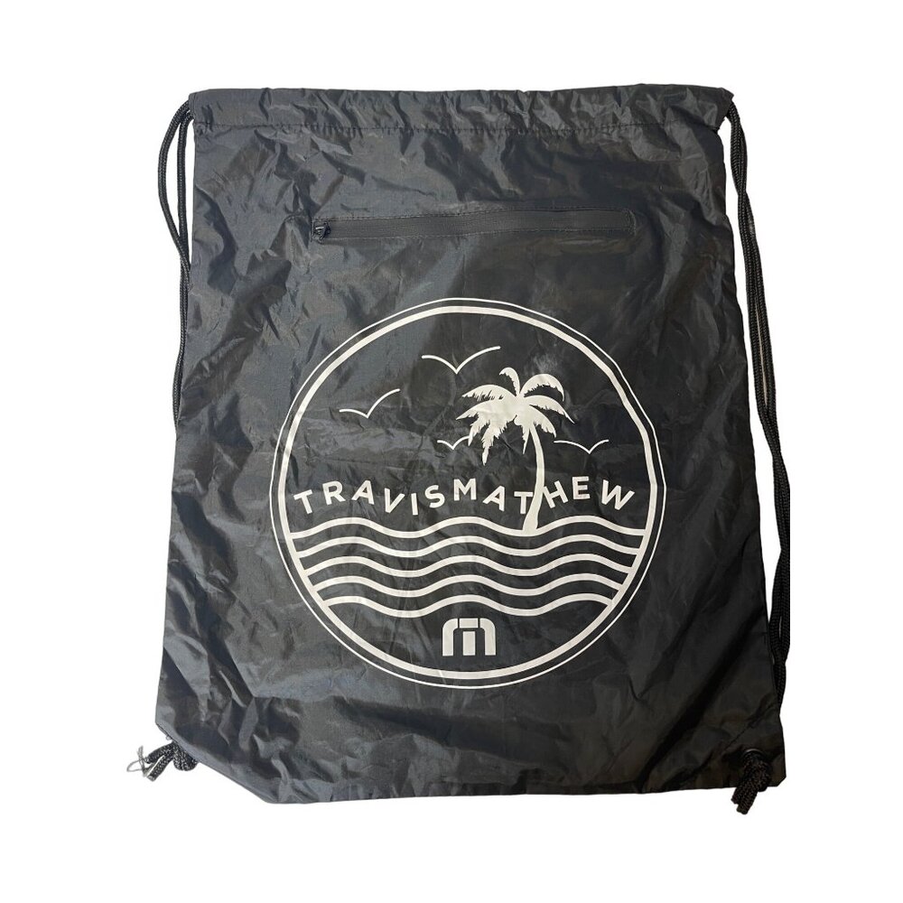 Travis Mathew Golf Black Drawstring Nylon Backpack Cinch Bag w/ Zippered Pocket